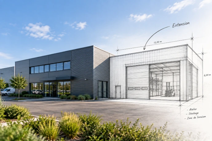 Projet d'extension d'un bâtiment professionnel avec agrandissement en esquisse