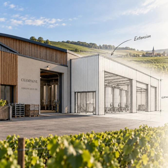 Projet d'extension d'un bâtiment viticole en Champagne avec agrandissement en esquisse