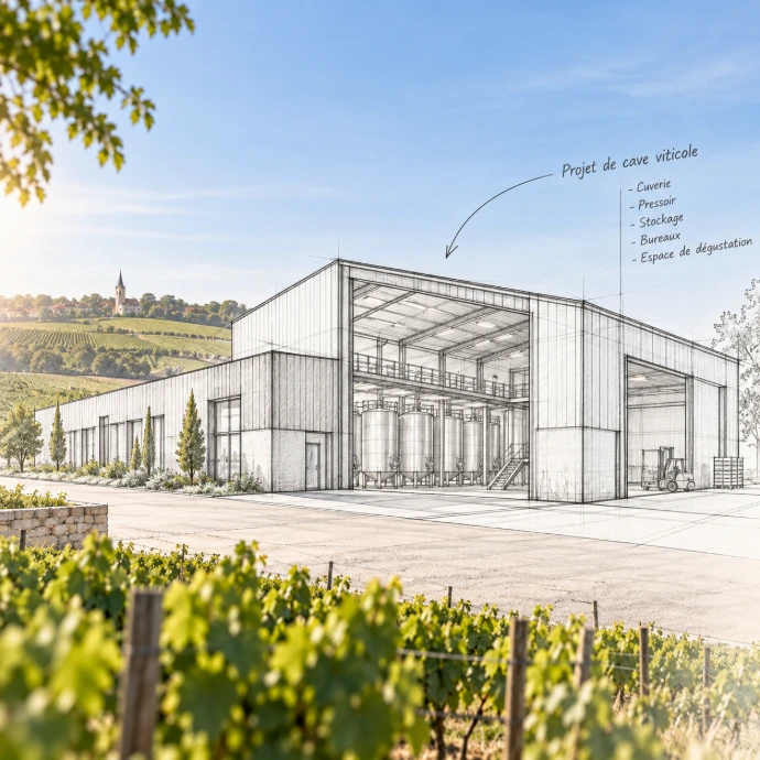 Projet de construction d'un bâtiment viticole en Champagne représenté en esquisse architecturale