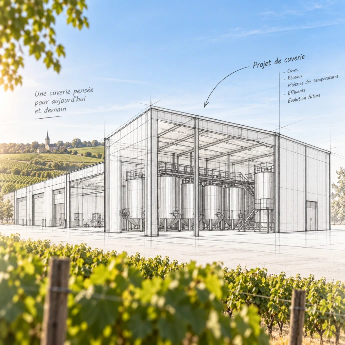 Projet de construction d'une cuverie en Champagne représenté en esquisse architecturale