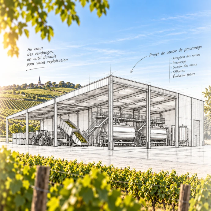 Projet de création d'un centre de pressurage en Champagne représenté en esquisse architecturale