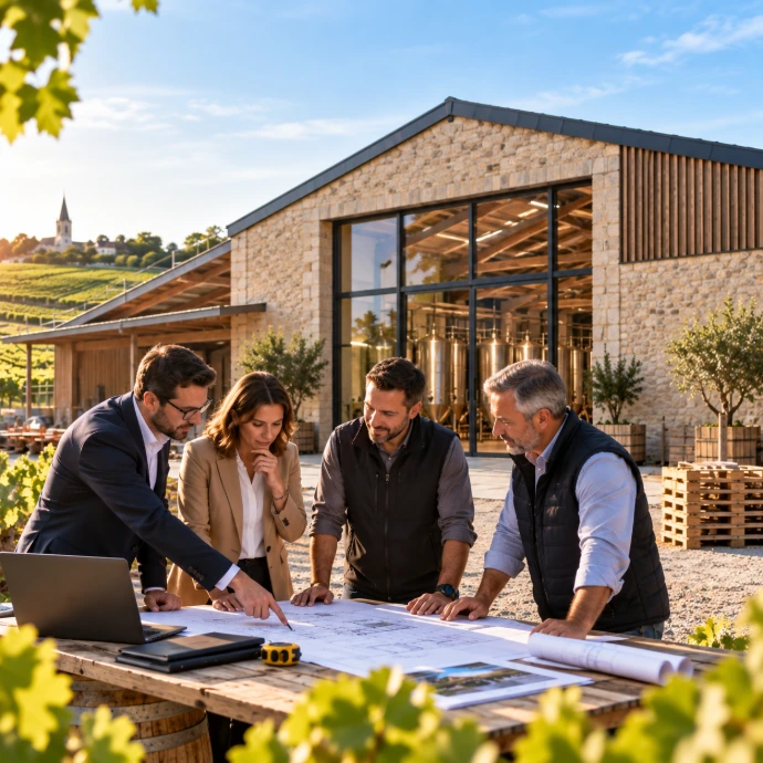 Équipe de professionnels étudiant les plans d'un projet de bâtiment viticole en Champagne