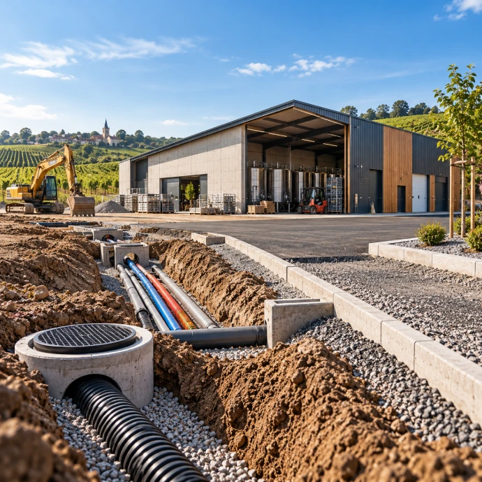 VRD autour d’un bâtiment viticole : réseaux enterrés, drainage et aménagement des accès