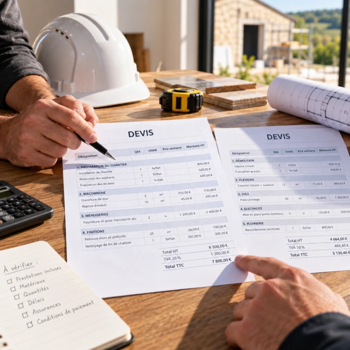 Comparaison de deux devis travaux avec prix, prestations, matériaux et conditions à vérifier