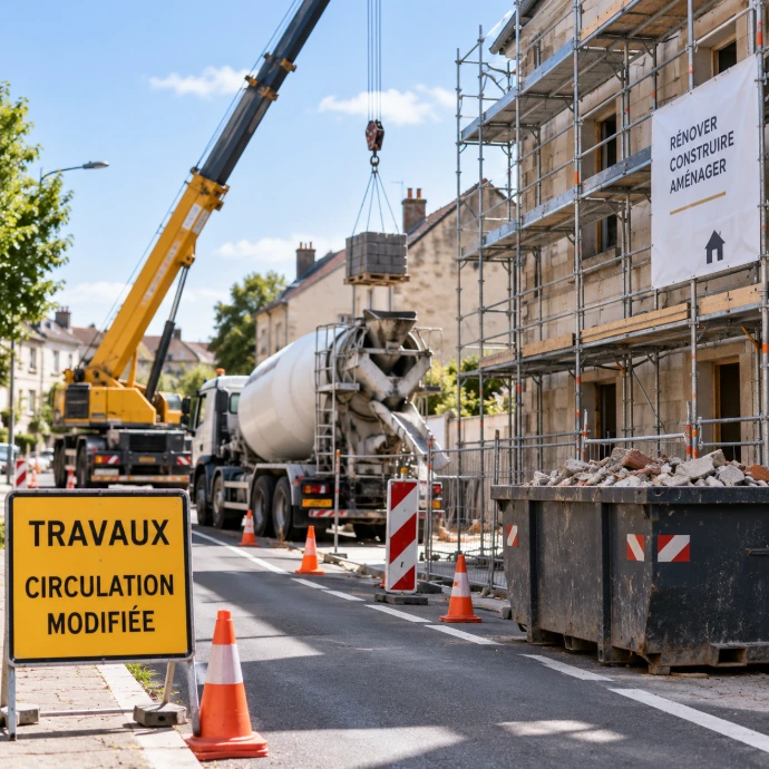 Occupation de voirie pour travaux avec grue, toupie béton, benne et échafaudage