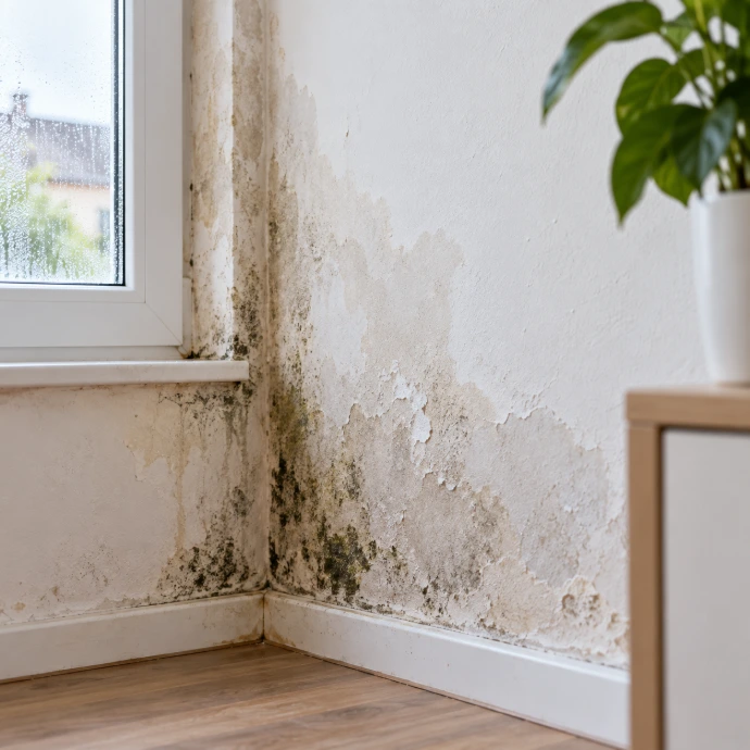 Mur intérieur humide avec moisissures et peinture dégradée