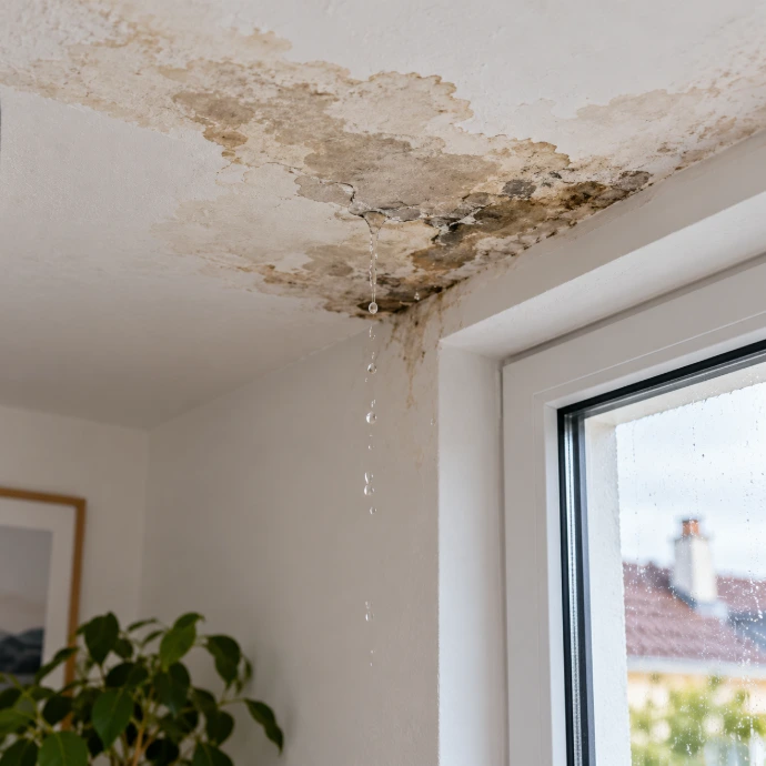 Infiltration d’eau au plafond avec traces d’humidité et dégradation de la peinture