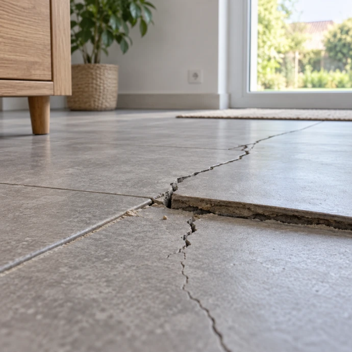 Dalle fissurée avec affaissement du sol et décalage du carrelage