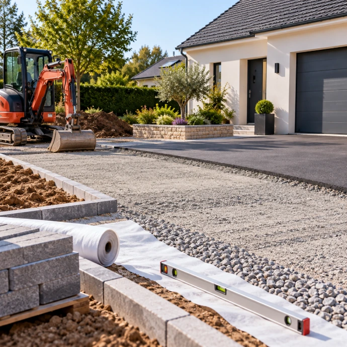 Aménagement d’une cour avec terrassement, préparation du sol et revêtement carrossable